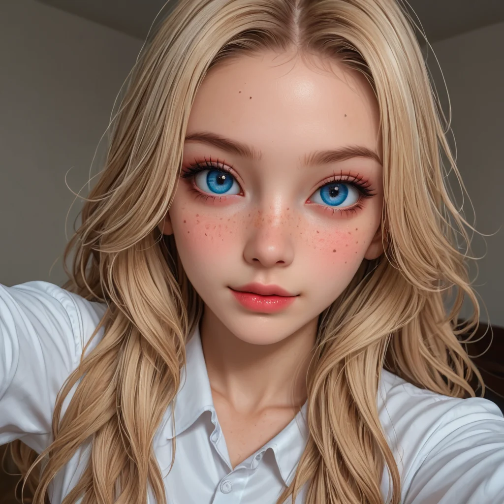 best, masterpiece, Domi with wavy blonde hair and blue eyes, extreme closeup, exotic colorful makeup, model face, model pose, selfie, highly detailed skin texture, freckles, highly detailed photo, professional photograph, dynamic lighting
