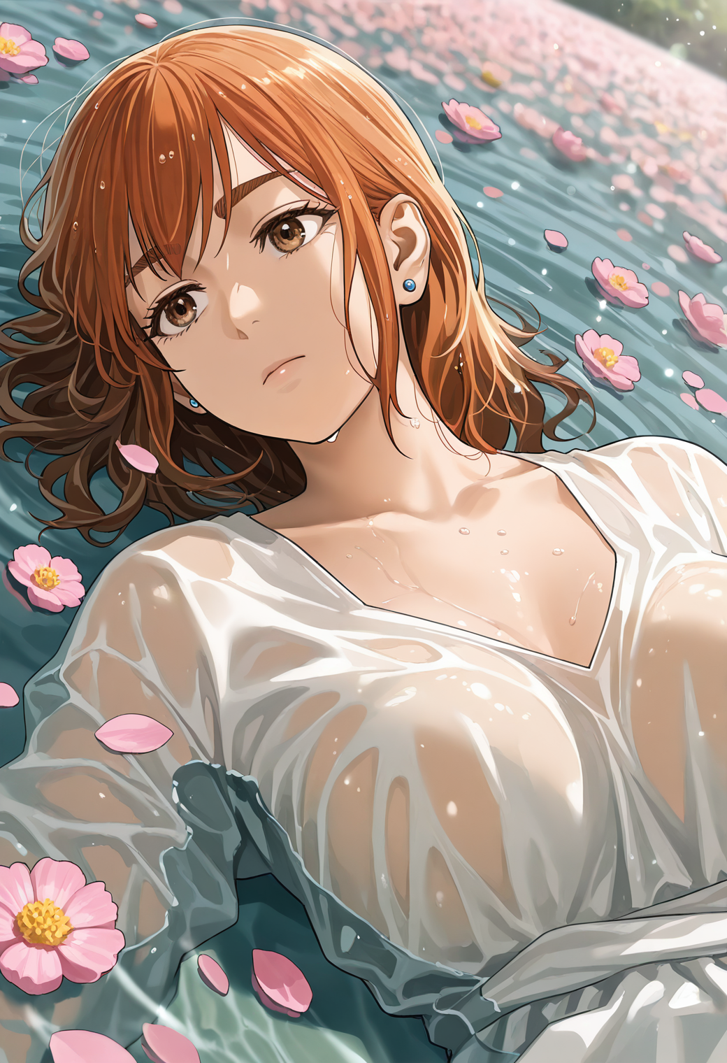 <lora:Kusano_Shizuku_Futari_Solo_Camp:1>,
1girl,ksh1zku,orange_ksh1zku_hair,brown_ksh1zku_eyes,female focus,earrings,medium hair,large breasts,brown eyes,
lying, on back, on water, flower petals, partially submerged, upper body, looking at viewer, expressionless, white dress, wet hair, wet clothes,
masterpiece,best quality,newest,absurdres,depth of field,anime screencap,detailed background,subsurface scattering,realistic shading,volumetric lighting,natural lighting,light particles,intricate details,good quality,very awa,highres,perfect proportions,perfect eyes BREAK
visual effects,shadow dutch angle,dynamic angle,dynamic action,atmospheric perspective,cinematic,intricately detailed illustration,amazing quality,very aesthetic