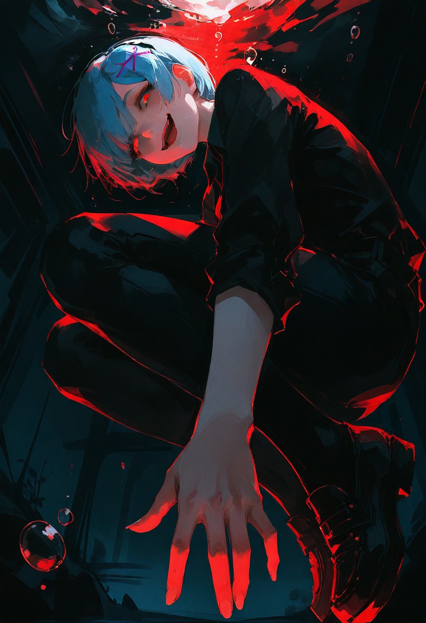 (96yottea:1.2), realistic, sketch, 
masterpiece, best quality, amazing quality,
(perspective:1.2), from below,  split mouth, reaching, foreshortening, from side, full body shot, leaning towards viewer, 
rem \(re:zero\), solo, open mouth, slit pupils, smug, looking down, looking at viewer, sly, thick eyelashes, black shirt, collared shirt, submerged, underwater shot, red water, yandere, (gesugao:1.2), air bubble, 
yakuza \(theme\), 
solo, 
detailed background,  underwater bubbles, glowing theme,  dark theme, usnr