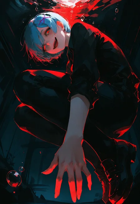 (96yottea:1.2), realistic, sketch,
masterpiece, best quality, amazing quality,
(perspective:1.2), from below, split mouth, reaching, foreshortening, from side, full body shot, leaning towards viewer,
rem \(re:zero\), solo, open mouth, slit pupils, smug, looking down, looking at viewer, sly, thick eyelashes, black shirt, collared shirt, submerged, underwater shot, red water, yandere, (gesugao:1.2), air bubble,
yakuza \(theme\),
solo,
detailed background, underwater bubbles, glowing theme, dark theme, usnr