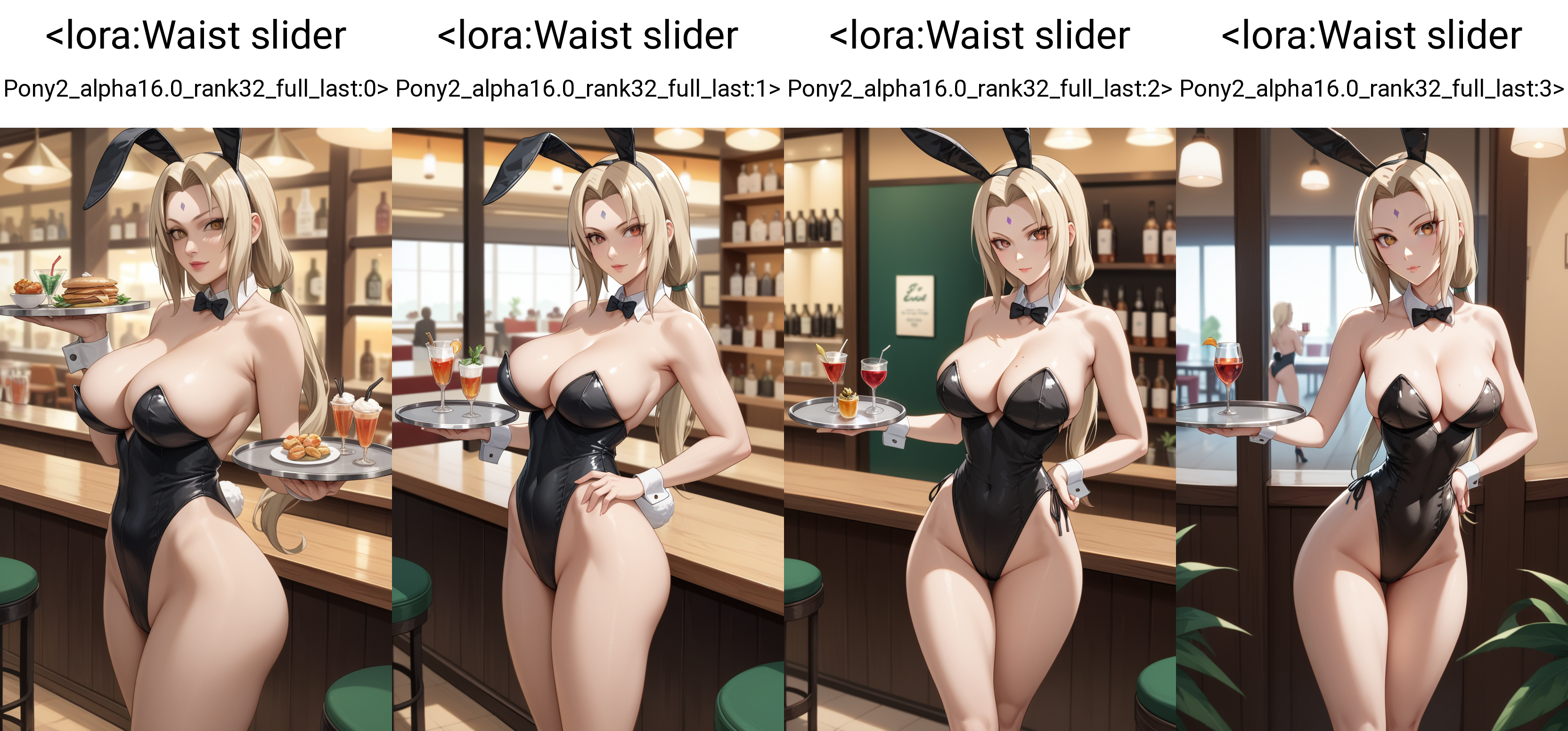 score_9, score_7_up, 1girl,  playboy bunny, tsunade \(naruto\), cafe, holding tray, standing, looking at viewer, black leotard,    <lora:Waist slider Pony2_alpha16.0_rank32_full_last:0>