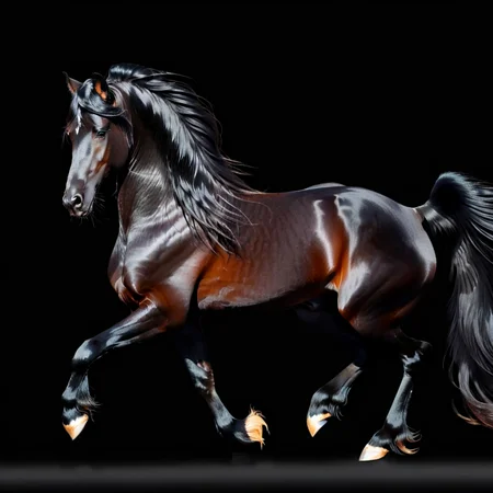 friesian horse, black, black mane and tail, trotting, full body, black background, long flowing hair <lora:Horse_Breeds-000012:1>