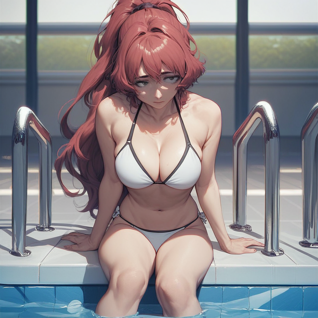 source_anime, ((score_9)),score_8_up,score_7_up,score_6_up,score_5_up,score_4_up, takama_kozue, t4k4m4k0zu3, 1woman, large breasts, brown_eyes, long hair, red hair, hair intakes, bang, sidelocks, ponytail, hairclip, white bikini, pool, masterpiece, best quality