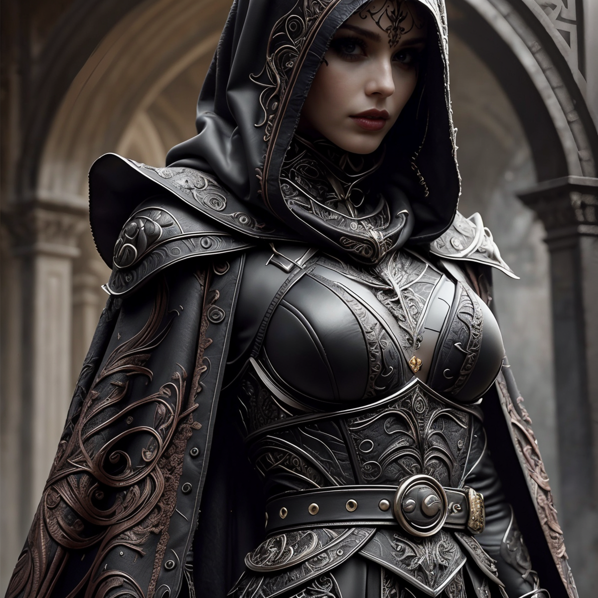 RAW photo, (masterpiece:1.3), subsurface scattering, heavy shadow, (high quality:1.4), (intricate, high detail:1.2), professional photography, HDR, High Dynamic Range, realistic, ultra realistic, photorealistic, high resolution, film photography, ambient lighting, atmospheric effects, <lora:detail_slider_v4:2>, OverallDetail,  <lora:DarkElfClothes:0.7>, a beautiful dark elf ranger, dark makeup, black leather armor, cloak, dec, bracers, elaborate belt,epiCPhoto