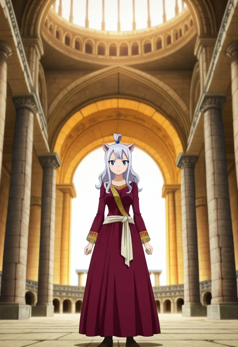 masterpiece, best quality, anime screencap, anime coloring, official style, intricate details, , 1girl, Sapphire eyes, gray hair, top knot hair, ,, solo, Colosseum, Rome, towering arches, historical ruins, standing pose, admiring expression, golden hour light, <lora:fairy_tail_style_ilxl:1>, fairy_tail_style,