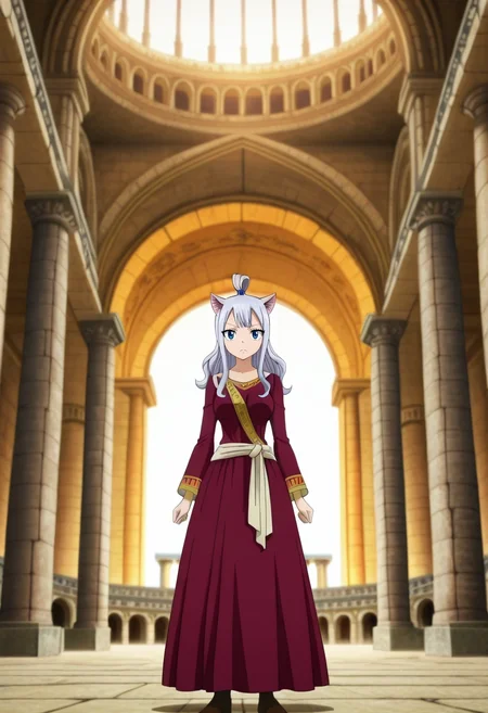 masterpiece, best quality, anime screencap, anime coloring, official style, intricate details, , 1girl, Sapphire eyes, gray hair, top knot hair, ,, solo, Colosseum, Rome, towering arches, historical ruins, standing pose, admiring expression, golden hour light, <lora:fairy_tail_style_ilxl:1>, fairy_tail_style,