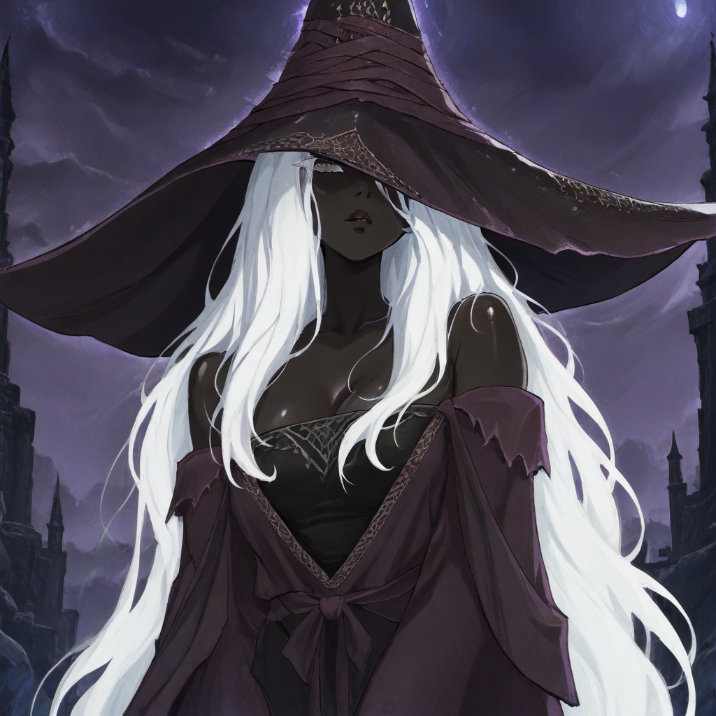 masterpiece, best quality, newest, absurdres, highres, anime, anime style, 1girl, ERNRRE-V1.0, very dark skin, dark-skinned female, black skin, black colored skin, colored skin, hat, witch hat, robe, off shoulder, white hair,