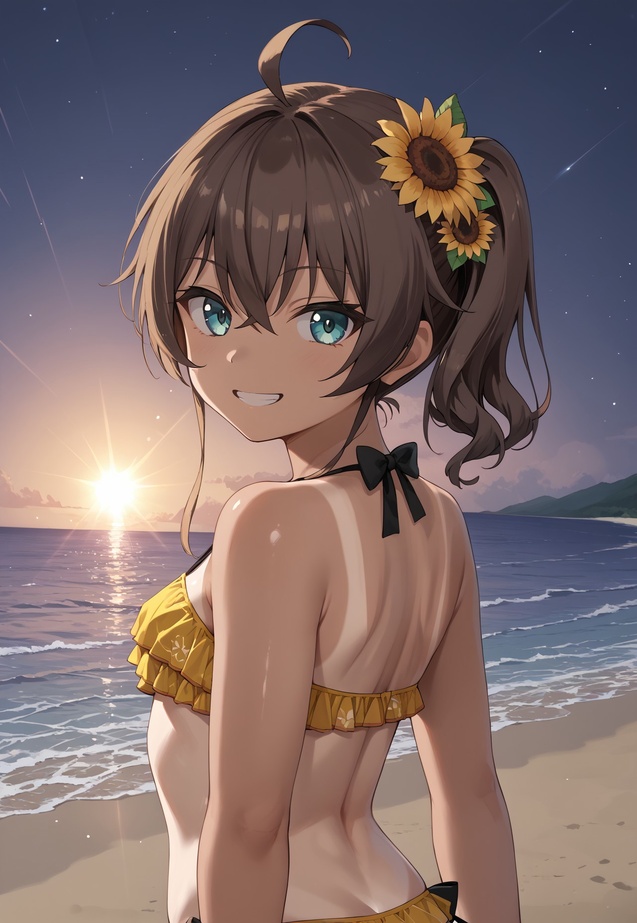 1girl, solo, solo focus, highres, absurdres, MatsuriSummer2019, brown hair, sunflower hair ornament, side ponytail, ahoge, hair flower, bangs, hair between eyes, blue eyes, medium hair, b

swimsuit, frilled bikini, tanlines, one-piece tan, navel, yellow bikini, collarbone, bare shoulders, small breasts, lack ribbon,

looking at viewer, grin, arms behind back, from behind, looking back,

beach, dark, night, night sky, 

light particles, backlighting, shade, light rays, lens flare, shiny skin, fine fabric emphasis,