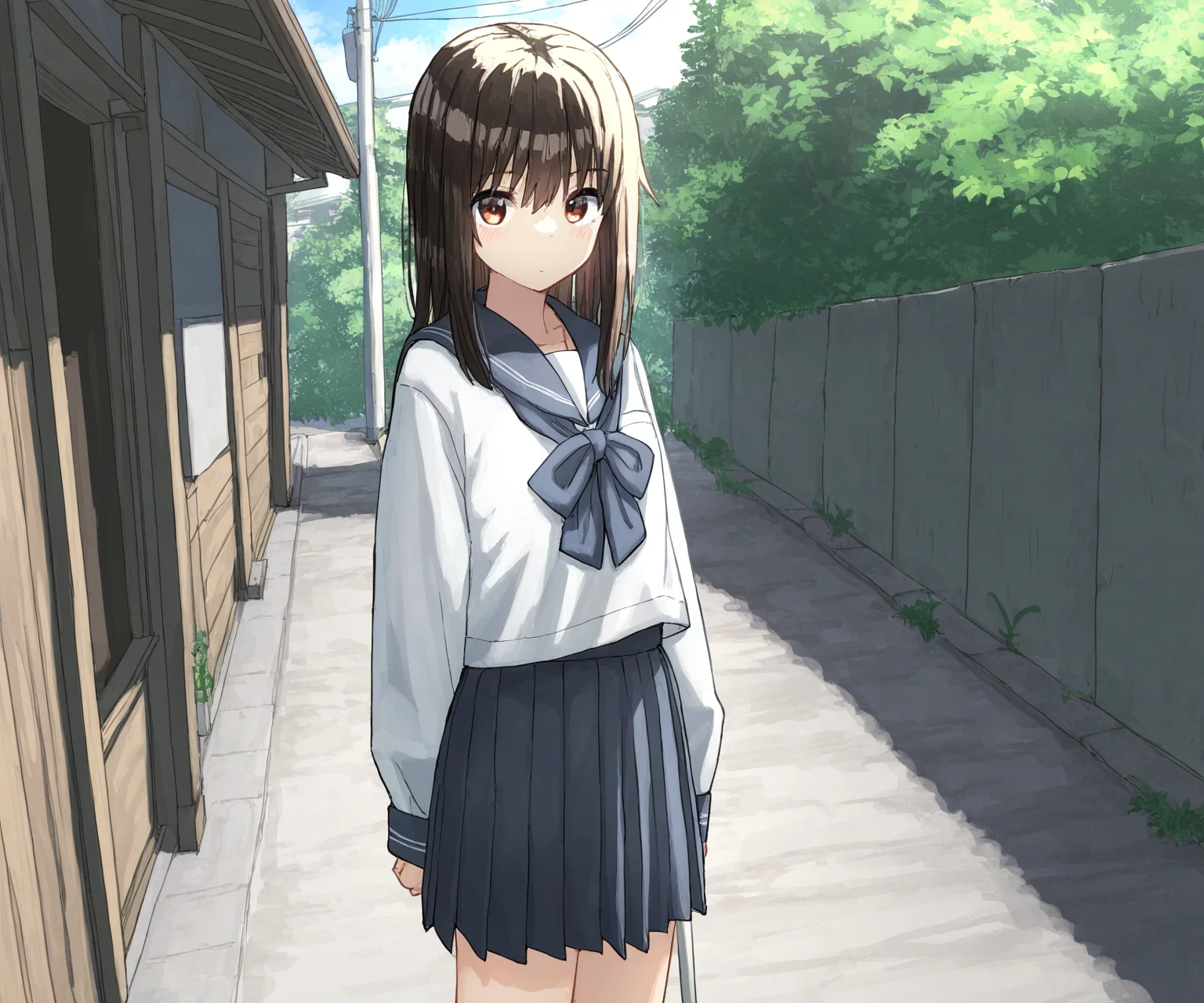 masterpiece, best quality, amazing quality, sfw, 1girl, solo, shirt, pleated skirt, sailor collar, looking at viewer, <lora:Kakuninii style ILL:1.2> kakuninii