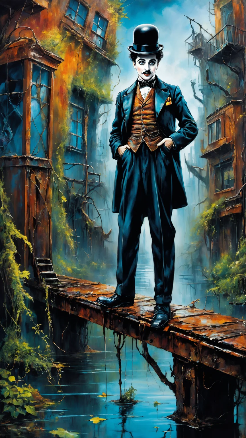 Surrealistic painting, dreamlike, imaginative, fantastical, vibrant colors, intricate details, high contrast, dynamic lighting, charlie chaplin, whimsical, artistic, layered textures, Dali-inspired, expressive face, dynamic pose, standing on a narrow, rusted beam high above a flooded, post-apocalyptic city, overgrown greenery, crumbling buildings, distant futuristic structures,