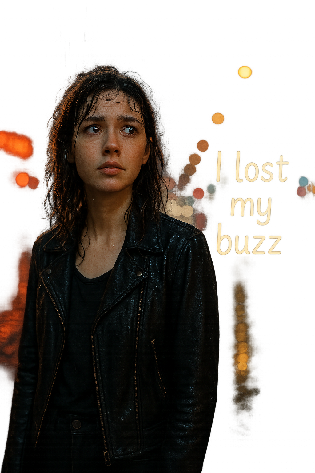 A stunning, realistic young woman stands alone on a rain-soaked city street at night, her hair slightly damp and clinging to her face. Streetlights and neon signs reflect off wet pavement, casting colorful glows around her. She looks around with a puzzled, wistful expression, as raindrops fall gently around her. The atmosphere feels quiet and introspective. Beside her, the text 'I lost my buzz' appears in a soft, glowing handwritten font, blurred slightly by the rain—blending humor with a gentle melancholy.