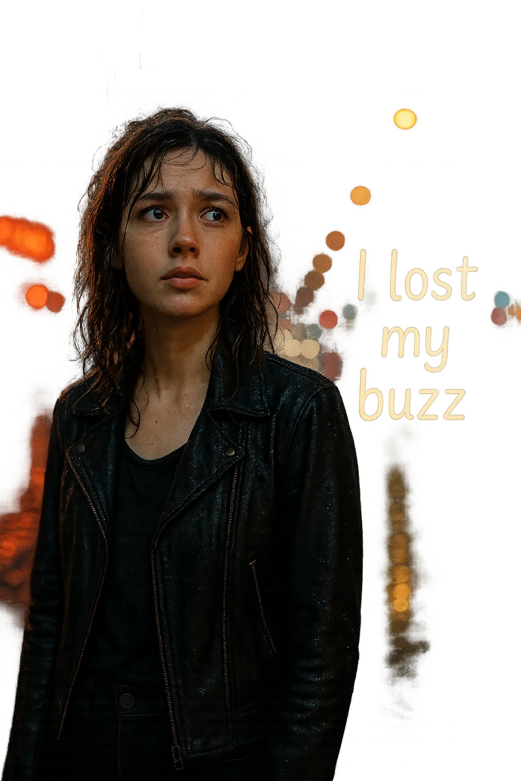 A stunning, realistic young woman stands alone on a rain-soaked city street at night, her hair slightly damp and clinging to her face. Streetlights and neon signs reflect off wet pavement, casting colorful glows around her. She looks around with a puzzled, wistful expression, as raindrops fall gently around her. The atmosphere feels quiet and introspective. Beside her, the text 'I lost my buzz' appears in a soft, glowing handwritten font, blurred slightly by the rain—blending humor with a gentle melancholy.