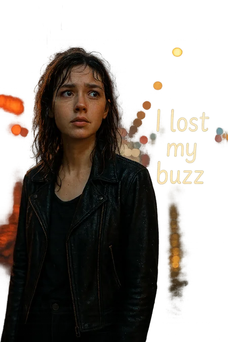 A stunning, realistic young woman stands alone on a rain-soaked city street at night, her hair slightly damp and clinging to her face. Streetlights and neon signs reflect off wet pavement, casting colorful glows around her. She looks around with a puzzled, wistful expression, as raindrops fall gently around her. The atmosphere feels quiet and introspective. Beside her, the text 'I lost my buzz' appears in a soft, glowing handwritten font, blurred slightly by the rain—blending humor with a gentle melancholy.
