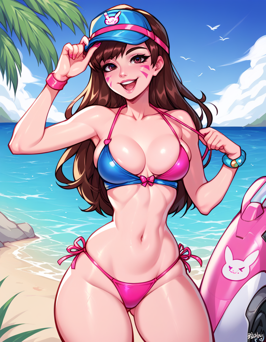 score_9, score_8_up, 2D, blushyspicy, d.va \(overwatch\), 1girl, solo, blue visor cap, blue and pink bikini, outdoors, beach, pink face markings, open mouth, smile, skindentation, wide hips, narrow waist <lora:BlushySDXL:1>