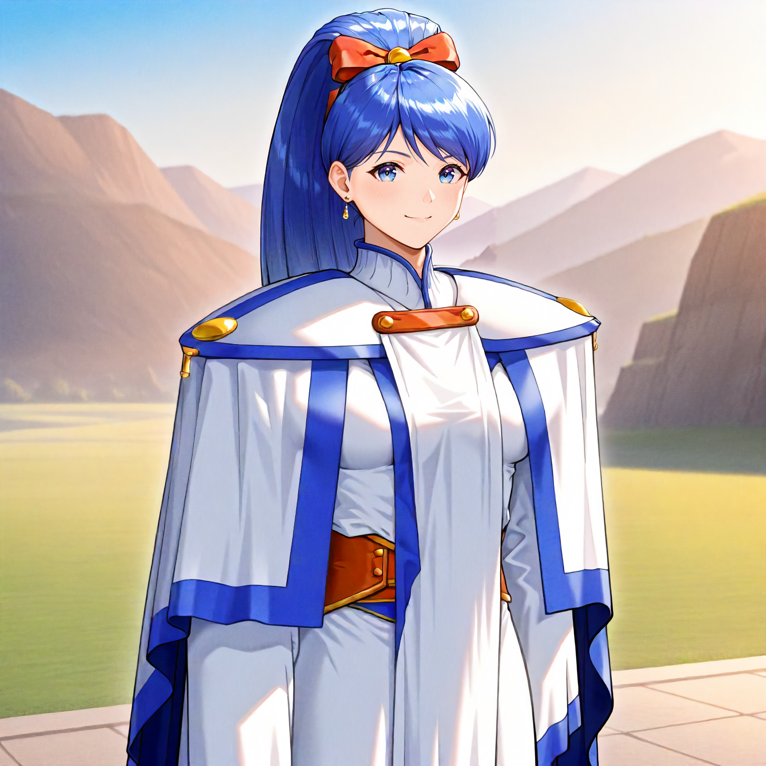 <lora:ML2_SakuyaRanzaiwaXLIllustrious004>,
masterpiece,best quality,good quality,newest,
outdoors,
smile,
looking at viewer,
solo,
SakuyaRanzaiwa,1girl,blue hair,wide ponytail,hair bow,blue eyes,earrings,
breasts,
shoulder_pad,cape,robe,
standing,