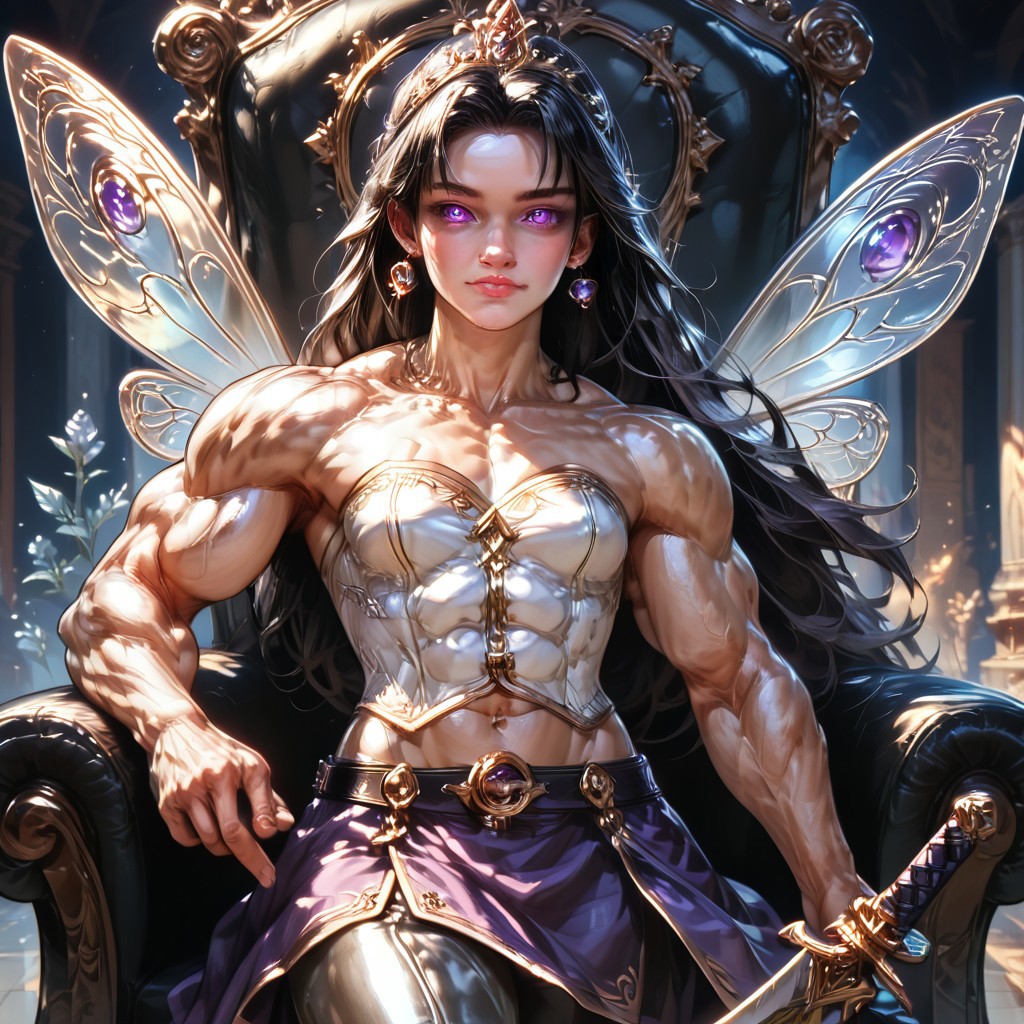 Action scene, detailed, photo realistic, hyper realistic, score_9, rating_safe, solo ((arch fey, violet eyes, (beautiful woman, white underbust corset, skirt, pants, sword belt, and holding a sword), ((huge muscles, small petite breasts, muscular thighs, muscular biceps, muscular shoulders, toned abs)), ((bronze metallic gold skin ral-polishedsteel)), (fairy wings), (long black hair))), (standing next to a multicolored crystal throne, in a detailed throne room filled with treasures, detailed lighting), hi res, hi quality, 4k, concept art, digital art, realistic, detailed background, lens flare, pixel art, piratical beauty, great lighting