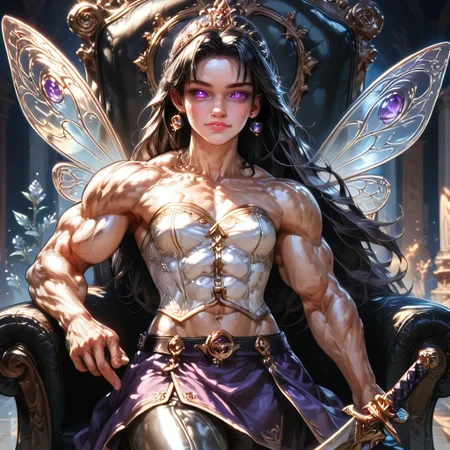 Action scene, detailed, photo realistic, hyper realistic, score_9, rating_safe, solo ((arch fey, violet eyes, (beautiful woman, white underbust corset, skirt, pants, sword belt, and holding a sword), ((huge muscles, small petite breasts, muscular thighs, muscular biceps, muscular shoulders, toned abs)), ((bronze metallic gold skin ral-polishedsteel)), (fairy wings), (long black hair))), (standing next to a multicolored crystal throne, in a detailed throne room filled with treasures, detailed lighting), hi res, hi quality, 4k, concept art, digital art, realistic, detailed background, lens flare, pixel art, piratical beauty, great lighting