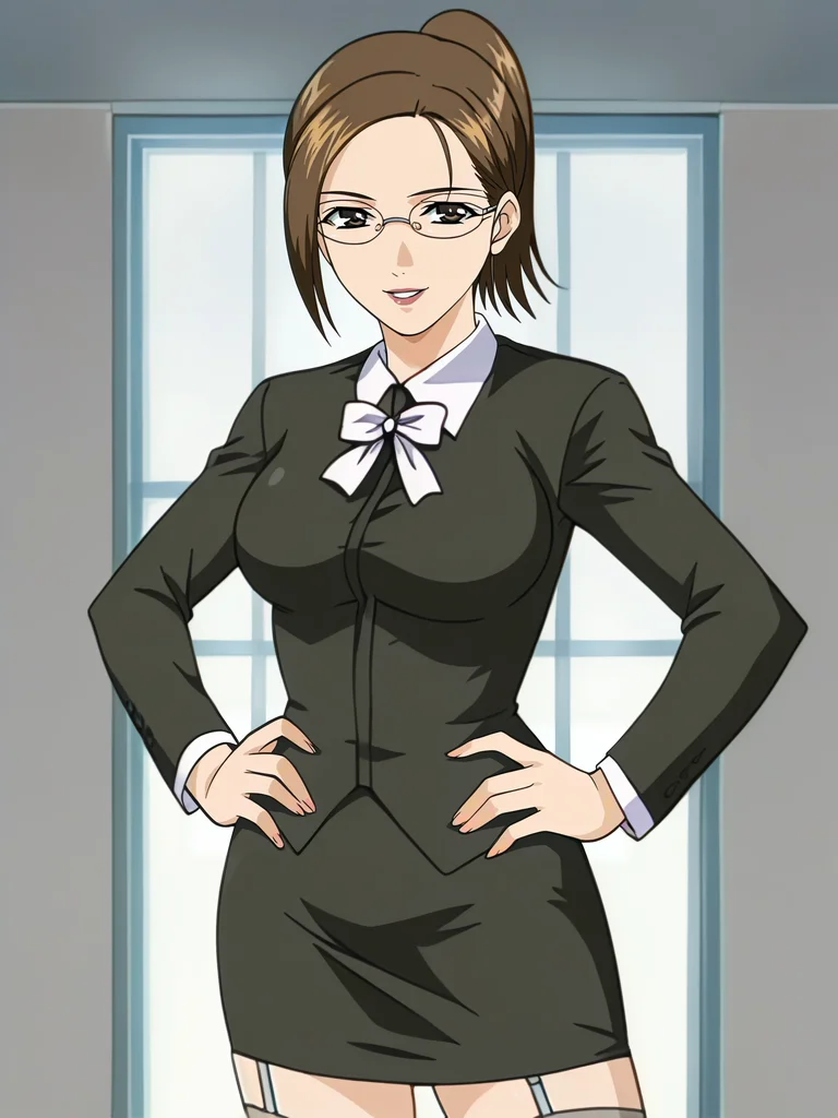 <lora:Miki_Hirayama-Hitozuma_Ryoujoku_Sankanbi:1>,Miki,1girl,solo,glasses,brown hair,ponytail,brown eyes,short hair,lipstick,breasts,formal,suit,skirt,garter belt,hands on own hips,looking at viewer,smile,indoors