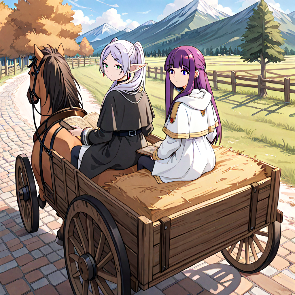 absurdres, sensitive, 2girls, frieren, fern, sitting, hay cart, hay, wagon, elf, grey hair, twintails, capelet, black pantyhose, purple hair, long hair, straight hair, white dress, long sleeves, robe, open book, holding book, suitcase, sky, cloud, tree, rural, fence, mountain, stone road, smile, expressionless, riding, shadow, looking back, from behind, horseback riding, horse, animal, sidesaddle, from above, <lora:haycart_ilxl:1>