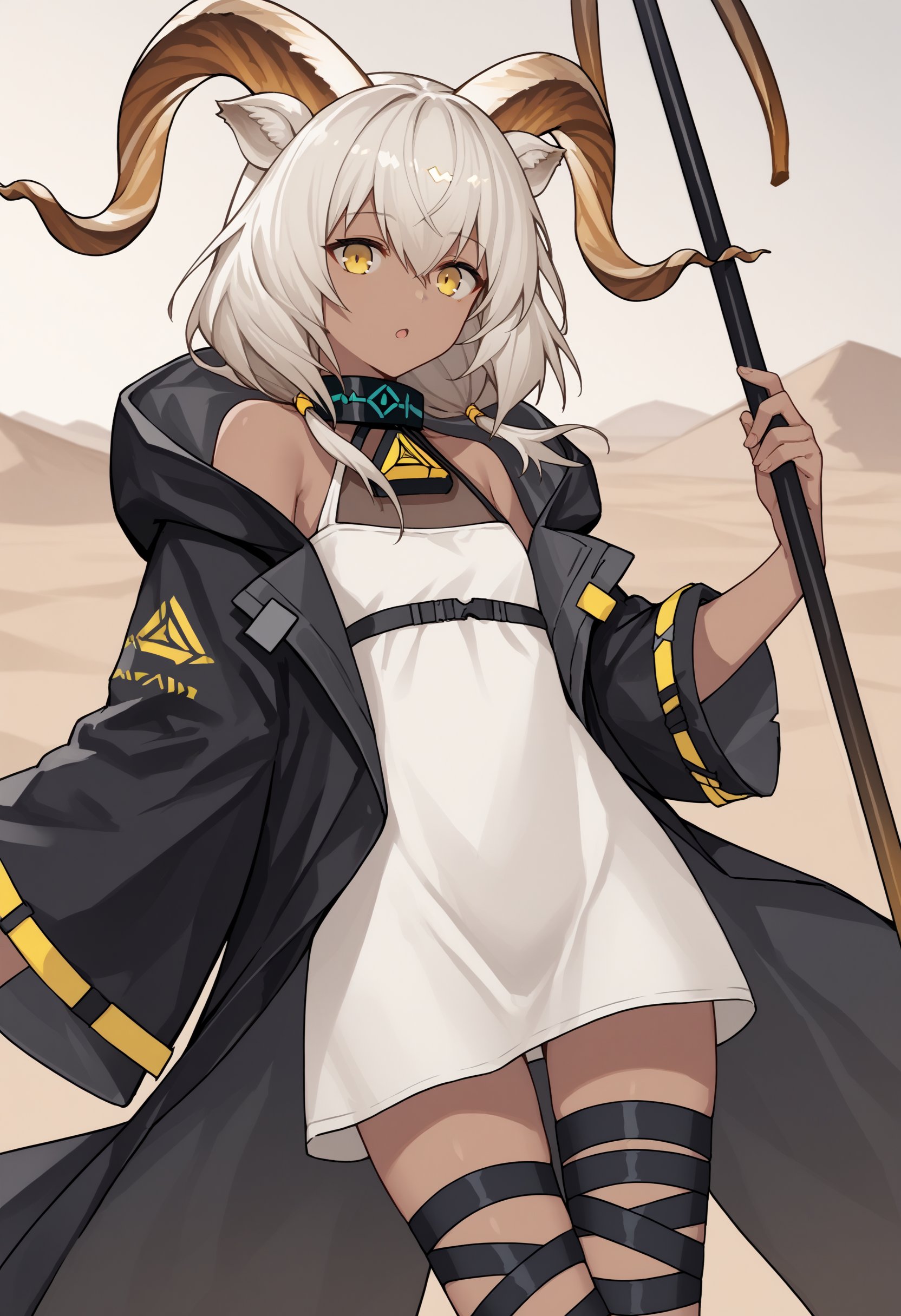 score_9, score_8_up, score_7_up, source_anime, bwdef, yellow eyes, dark skin, dark-skinned female, white hair, hair between eyes, long hair, twintails, low twintails, animal ears, goat ears, horns, goat horns, infection monitor \(arknights\), black collar, white dress, short dress, off shoulder, bare shoulders, hood, black jacket, open jacket, black coat, open coat, wide sleeves, long sleeves, thigh strap, black ribbon, leg ribbon, looking at viewer, desert, cowboy shot, open mouth, staff, holding staff, wide shot<lora:BeeswaxPonyXLv6-20:1>