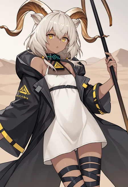 score_9, score_8_up, score_7_up, source_anime, bwdef, yellow eyes, dark skin, dark-skinned female, white hair, hair between eyes, long hair, twintails, low twintails, animal ears, goat ears, horns, goat horns, infection monitor \(arknights\), black collar, white dress, short dress, off shoulder, bare shoulders, hood, black jacket, open jacket, black coat, open coat, wide sleeves, long sleeves, thigh strap, black ribbon, leg ribbon, looking at viewer, desert, cowboy shot, open mouth, staff, holding staff, wide shot<lora:BeeswaxPonyXLv6-20:1>