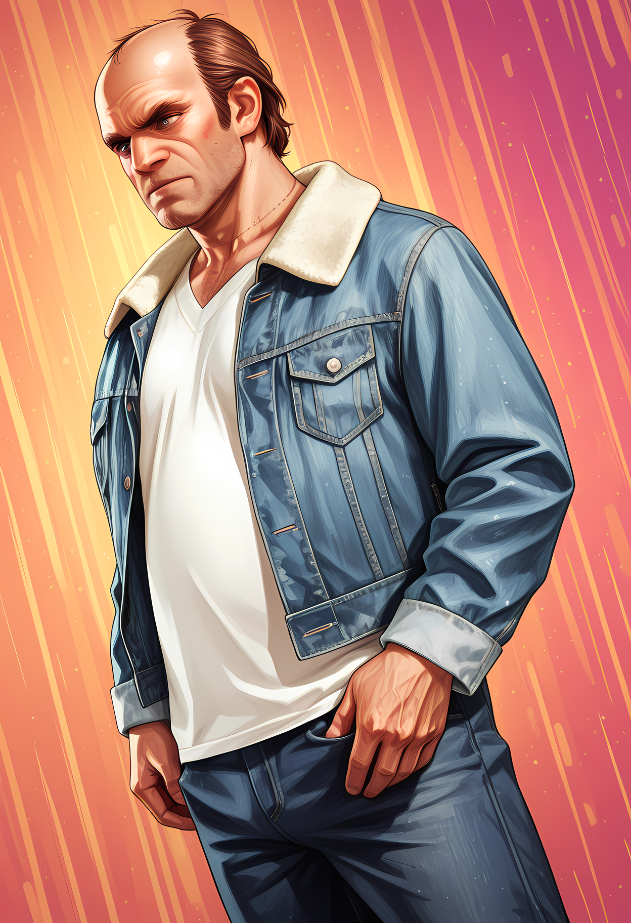 masterpiece, best quality, amazing quality, dutch angle, abstract background, BREAK
solo, male focus, 1boy, mature male, gta_trev, brown hair, balding, stubble, denim jacket, white shirt, fur trim, jeans, BREAK
<lora:cfg_scale_boost:.6> <lora:Trevor_Philips_-_Grand_Theft_Auto_V_-_ILXL:1>