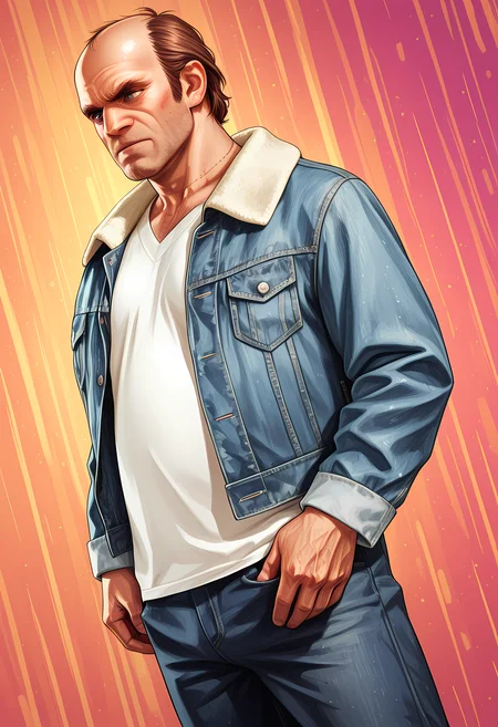 masterpiece, best quality, amazing quality, dutch angle, abstract background, BREAK
solo, male focus, 1boy, mature male, gta_trev, brown hair, balding, stubble, denim jacket, white shirt, fur trim, jeans, BREAK
<lora:cfg_scale_boost:.6> <lora:Trevor_Philips_-_Grand_Theft_Auto_V_-_ILXL:1>