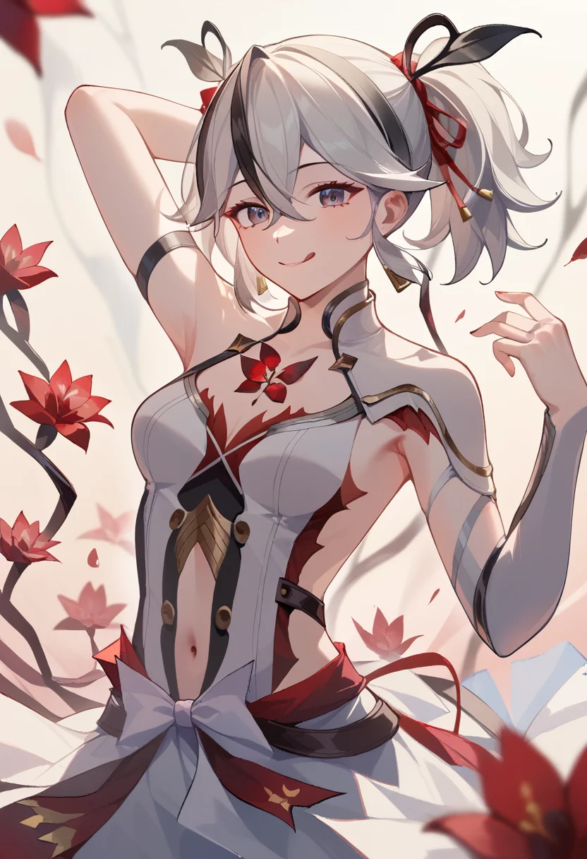 score_9,score_8_up,score_7_up,<lora:camellya_(wuthering_waves):1>,camellya_(wuthering_waves), solo, arm_behind_head, medium_breasts, ribbon, bare_shoulders, single_pantsleg, dress, smile, red_flower, navel_cutout, tongue_out, armpits, detached_sleeves, hair_flower, arm_up, cowboy_shot, 1girl, blurry, looking_at_viewer