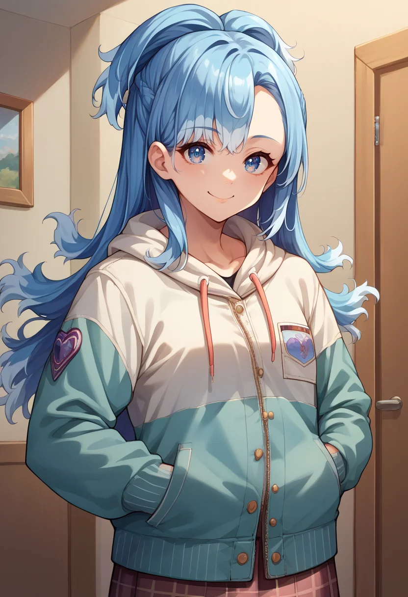 score_9, score_8_up, source_anime, 1girl, solo, KoboKanaeru, blue eyes, long hair, blue hair, colored tips, indoors, plaid skirt, hoodie, smile, hands in pockets, <lora:Char-KoboKanaeruPonyXL:1>