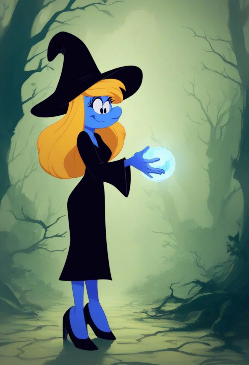 1girl, solo, Smurfette, blue skin, blonde hair, ((score_9, score_8_up, score_7_up, best quality, masterpiece, smooth shading, solo, full body)), (((haunted forest, dry trees, branches, fog, night, easynegative))), ((female, 1girl)), ((black robe, witch hat:1.30)), ((standing, posing)) ((slim body:1.1)), holding a magical orb in hand, casting a magic spell