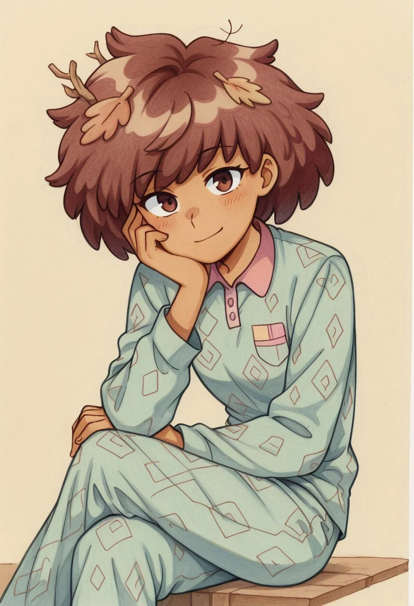 masterpiece, best quality, 1girl, solo, simple background, best artwork, CHAnneBoon, leaves in hair, patterned pyjamas, traditional media, colored pencil \(medium\), graphite \(medium\),
sitting, one hand on knee, one hand resting on cheek, crossed legs, looking at viewer, eye visible, detailed hands, relaxed pose, medium shot, soft expression,