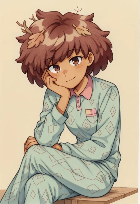 masterpiece, best quality, 1girl, solo, simple background, best artwork, CHAnneBoon, leaves in hair, patterned pyjamas, traditional media, colored pencil \(medium\), graphite \(medium\),
sitting, one hand on knee, one hand resting on cheek, crossed legs, looking at viewer, eye visible, detailed hands, relaxed pose, medium shot, soft expression,