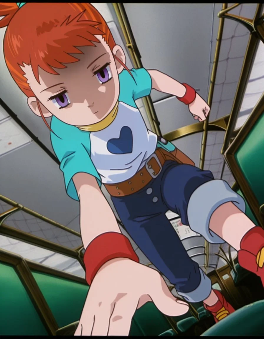 masterpiece, best quality, incoming attack, solo, inside a train background, dutch angle, face close-up,
, skinny, shaded face, empty eyes, expressionless,
<lora:Mind_Controlled_Rika:1>, rik0, 1girl, orange hair, high ponytail, female child, purple eyes, raglan sleeves, yellow turtleneck, belt, blue pants, wristband, red footwear, pants rolled up,