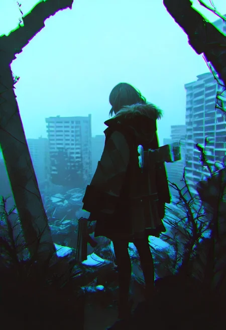 1girl, ruins, solo, chromatic aberration, building, from behind, fur trim, outdoors, standing, post-apocalypse, jacket, holding, overgrown, rubble, coat, gun, facing away, pantyhose, hood, hood down, city, long sleeves, weapon, blue theme, holding gun <lora:748cmXL_NBVP1_lokr_V6311PZ:0.95>