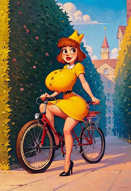 sscore_9, score_8_up, score_7_up, 1girl, perfecteyes, young, busty, petite, (huge breasts:1.3), (Madeline:1.3), Disney, brown eyes, yellow dress, yellow hat, short brown hair, red lipstick, black belt, black high heels, cheerful facial expression, from the side, outdoors, at the park, public park, sunny day, blue sky, riding a bicycle