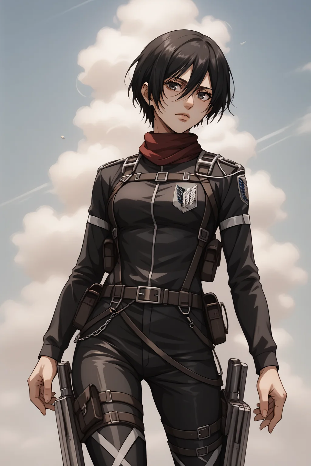 score_9, score_8_up, score_7_up, score_6_up, BREAK source_anime, <lora:adult mikasa ackerman-PonyXL-lora-faxtron:0.8> adult mikasa ackerman, black eyes, black hair, short hair, medium breasts, military uniform, armor, belt, thigh strap,