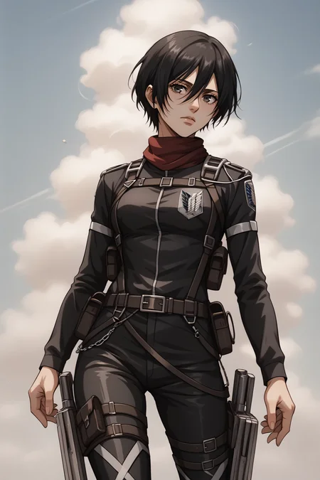 score_9, score_8_up, score_7_up, score_6_up, BREAK source_anime, <lora:adult mikasa ackerman-PonyXL-lora-faxtron:0.8> adult mikasa ackerman, black eyes, black hair, short hair, medium breasts, military uniform, armor, belt, thigh strap,