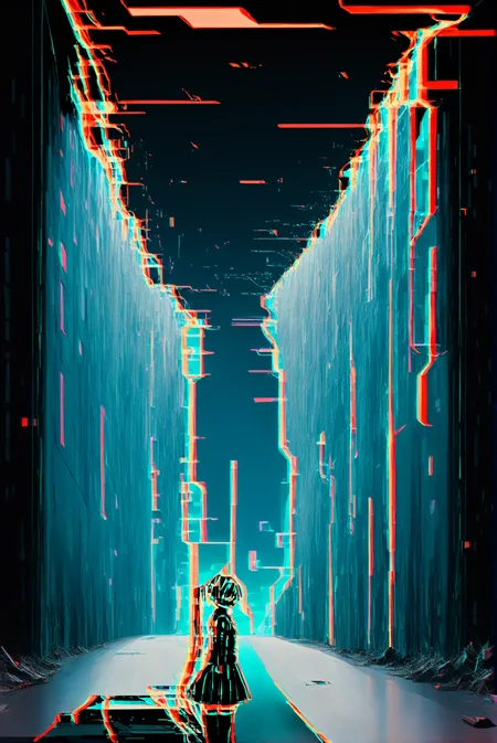 (score_9,score_8_up,score_7_up), masterpiece, best quality, very aesthetic, absurdres, 8k, anime, 1girl, solo, hatsune miku append, detached sleeves, pleated skirt, stockings, reflective clothes, cyborg body, robot joints, mechanical joints, bent forward, from side, looking at viewer, high energy, stars, megastructure, industrial background,  abandoned concrete building background, derelict, cracked, debris, glitch, exquisite detail, volumetric lighting, [layered composition], satoshi urushihara style, closeup, from above, tmnh, ar-glitch, <lora:Glitch:4> <lora:Tsutomu_Nihei_Blame_Style:0.5>