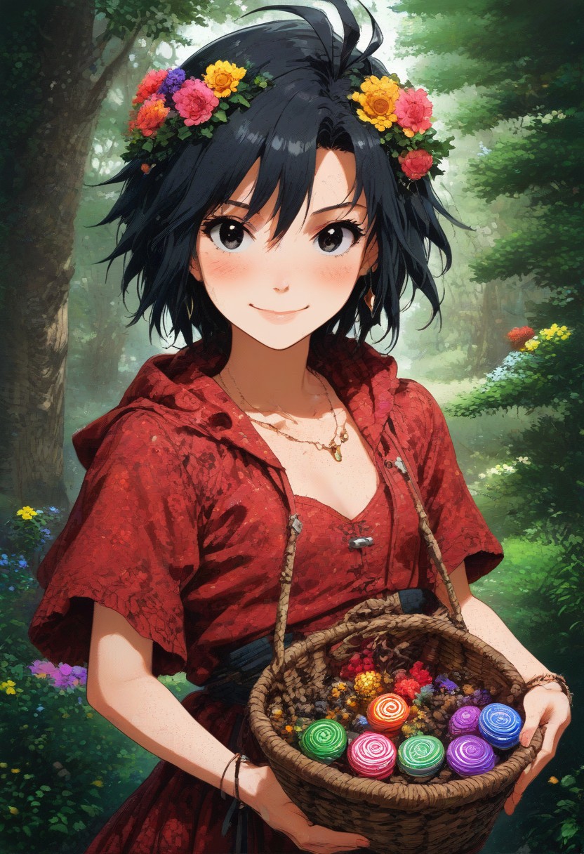 (zPDXL2), score_9, score_8_up, score_7_up, score_6_up, source_anime, <lora:Worldly_XL:1.05> volumetric lighting, warm colors, motion effects, best quality, wallpaper art, looking at viewer, woods, flowers, insects
1girl, solo, 18 year old, Little Red Riding Hood on a path in the woods, holding basket with berries, delicate and smooth skin, cleavage, shy smile, eyes open, low cut, 
<lora:KikuchiMakoto_pony_v1:0.9> kkcmkt, short hair, black hair, antenna hair, hair between eyes, black eyes, flat chest,  small breasts, 
Expressiveh,  <lora:c0l0urc0r3XLP2:0.40> c0l0urc0r3, cute, bright colours, candy, <lora:RELSM_v1:0.90> <lora:[GP] somethingweirdv1 [Pony XL]:0.20>