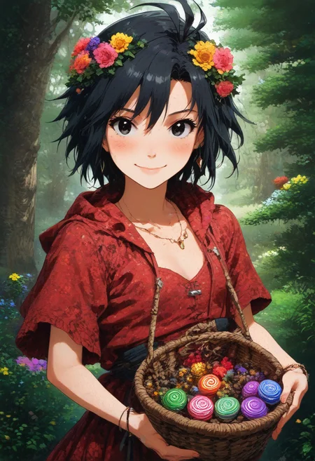 (zPDXL2), score_9, score_8_up, score_7_up, score_6_up, source_anime, <lora:Worldly_XL:1.05> volumetric lighting, warm colors, motion effects, best quality, wallpaper art, looking at viewer, woods, flowers, insects
1girl, solo, 18 year old, Little Red Riding Hood on a path in the woods, holding basket with berries, delicate and smooth skin, cleavage, shy smile, eyes open, low cut, 
<lora:KikuchiMakoto_pony_v1:0.9> kkcmkt, short hair, black hair, antenna hair, hair between eyes, black eyes, flat chest,  small breasts, 
Expressiveh,  <lora:c0l0urc0r3XLP2:0.40> c0l0urc0r3, cute, bright colours, candy, <lora:RELSM_v1:0.90> <lora:[GP] somethingweirdv1 [Pony XL]:0.20>