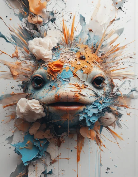 a dipiction of a pufferfish, blending form with reality. Glitching the surreal with blurred dreams on a white background. Woven light fuses delicatly with whispering shimmers creating a eyecatching and masterpiece artwork. drifting fog, cracked light and smokey haze in floating threads finishes the dreamlike reality. Cerulean blink