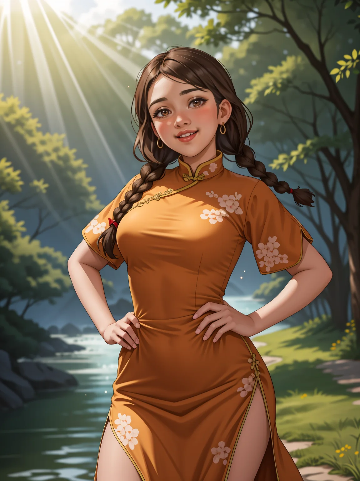 1girl, <lora:AromaStyle-V9:0.5>, brown eyes, light brown hair, twin braids, china dress, china, outdoors, village, tree, river,  pelvic curtain, light particles, sunbeam, hand on own hip, head tilt, lens flare, 
masterpiece, best quality, intricate detail,  <lora:PAseer-SD15-LCM Quick:1>  <lora:emotion_happy_slider_v1:2> <lora:backlight_slider_v10:-1> <lora:weight_slider_v2:1>