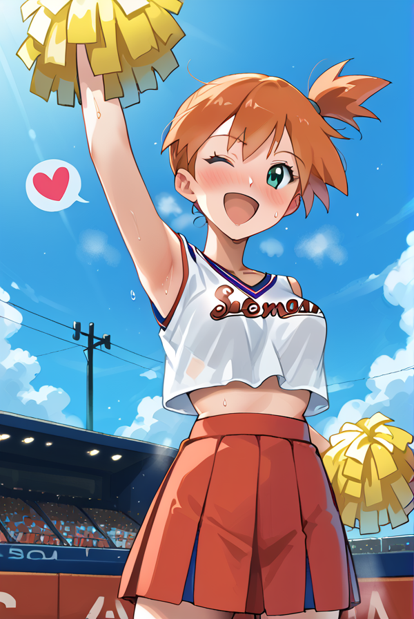 score 9,score 8 up,score 7 up,rating questionable,detailed background,aroused,cinematic lighting,dynamic lighting,source_anime,
Misty_(Pokemon),green eyes,orange hair,bangs,side ponytail,hair tie,short hair,slender,narrow waist,medium breasts,<lora:Misty:0.8>,
<lora:perky-breasts-ponyxl-lora-nochekaiser:1>,(perky breasts),
steaming body,sensual,alluring,sweatdrop,heavy breathing,(spoken heart),
(outdoors,baseball Ground,summer, blue sky),
cheerleader,pom pom (cheerleading),skirt,one eye closed,breasts,white shirt,(sweat),navel,pleated skirt,midriff,signature,clothes writing,cheering,holding,crop top,holding pom poms,alternate costume,miniskirt,standing,
full-face blush,smile,collarbone,armpits,sweat,open mouth,from below,