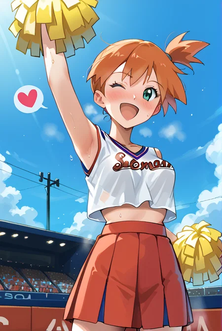 score 9,score 8 up,score 7 up,rating questionable,detailed background,aroused,cinematic lighting,dynamic lighting,source_anime,
Misty_(Pokemon),green eyes,orange hair,bangs,side ponytail,hair tie,short hair,slender,narrow waist,medium breasts,<lora:Misty:0.8>,
<lora:perky-breasts-ponyxl-lora-nochekaiser:1>,(perky breasts),
steaming body,sensual,alluring,sweatdrop,heavy breathing,(spoken heart),
(outdoors,baseball Ground,summer, blue sky),
cheerleader,pom pom (cheerleading),skirt,one eye closed,breasts,white shirt,(sweat),navel,pleated skirt,midriff,signature,clothes writing,cheering,holding,crop top,holding pom poms,alternate costume,miniskirt,standing,
full-face blush,smile,collarbone,armpits,sweat,open mouth,from below,