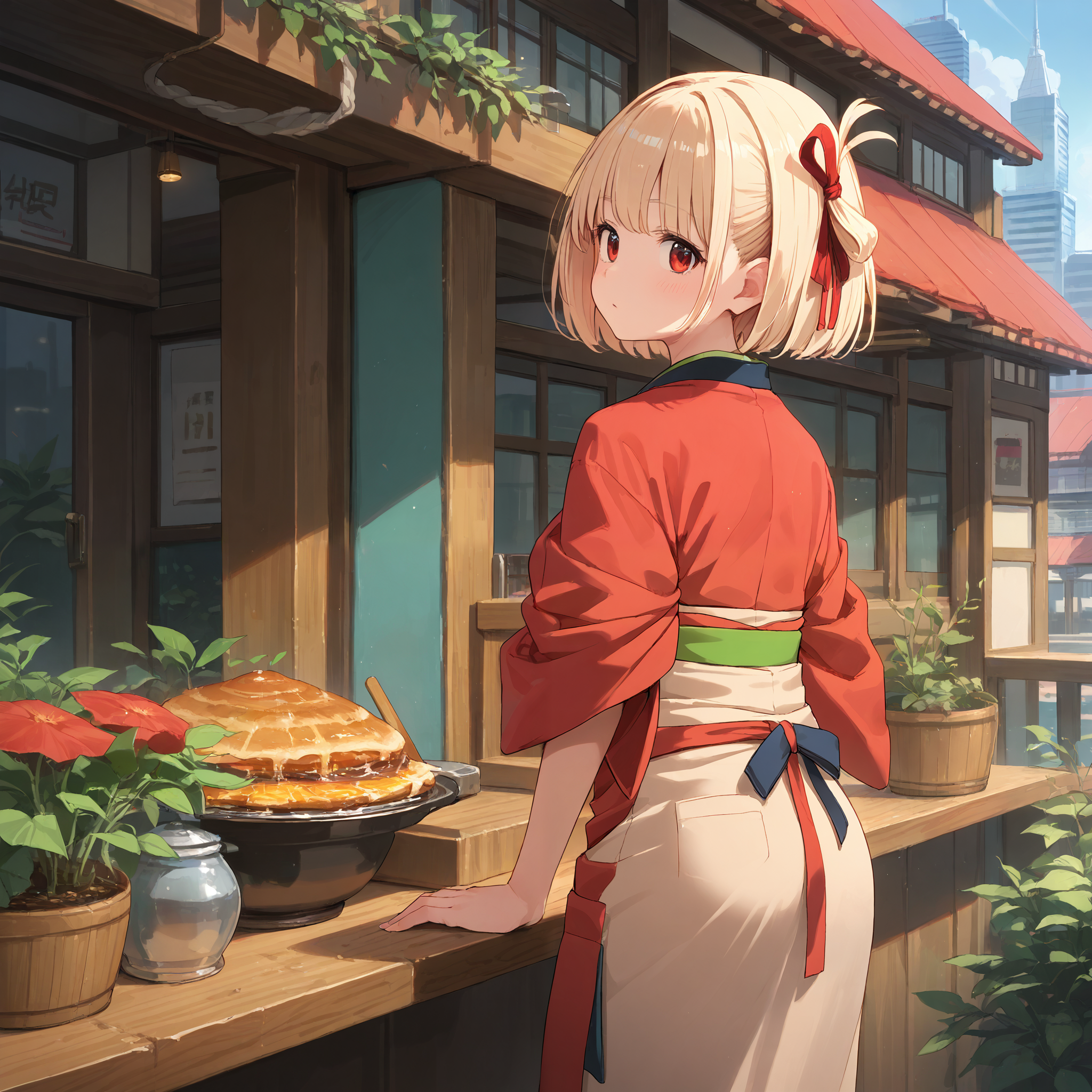 score_9, score_8_up, score_7_up, score_6_up, score_5_up, score_4_up, BREAK source_anime, look at viewer, 1girl, solo, outdoors, city, standing, from behind, masterpiece, best quality, high detailed skin,   nishikigi chisato, chisato kimono, short hair, blonde hair, hair ribbon, red eyes, japanese clothes, red kimono, blue kimono, red ribbon, apron, tabi,