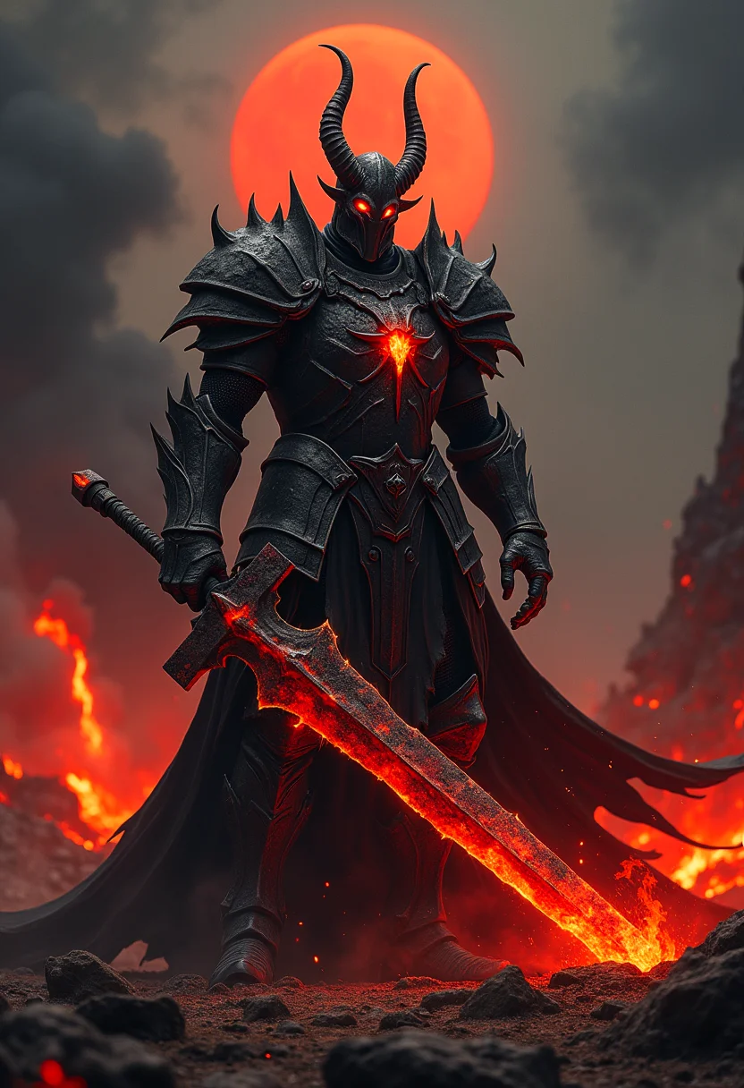 An imposing demonic knight, clad in charred, obsidian-black armor with glowing, infernal orange cracks, stands in a desolate, hellish landscape. His helmet features jagged, horn-like protrusions, and his eyes burn with a malevolent red glow. The knight wields a massive, scorched greatsword that radiates an eerie, otherworldly light. The ground beneath him is littered with smoldering embers and jagged rocks, as lava flows in the distance. Dark, ominous clouds of smoke swirl around him, partially obscuring a blood-red moon in the sky. The scene is bathed in a mix of harsh, fiery light from the surrounding flames and deep, sinister shadows, creating a cinematic and ultra-realistic horror atmosphere.