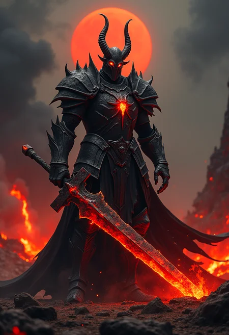 An imposing demonic knight, clad in charred, obsidian-black armor with glowing, infernal orange cracks, stands in a desolate, hellish landscape. His helmet features jagged, horn-like protrusions, and his eyes burn with a malevolent red glow. The knight wields a massive, scorched greatsword that radiates an eerie, otherworldly light. The ground beneath him is littered with smoldering embers and jagged rocks, as lava flows in the distance. Dark, ominous clouds of smoke swirl around him, partially obscuring a blood-red moon in the sky. The scene is bathed in a mix of harsh, fiery light from the surrounding flames and deep, sinister shadows, creating a cinematic and ultra-realistic horror atmosphere.