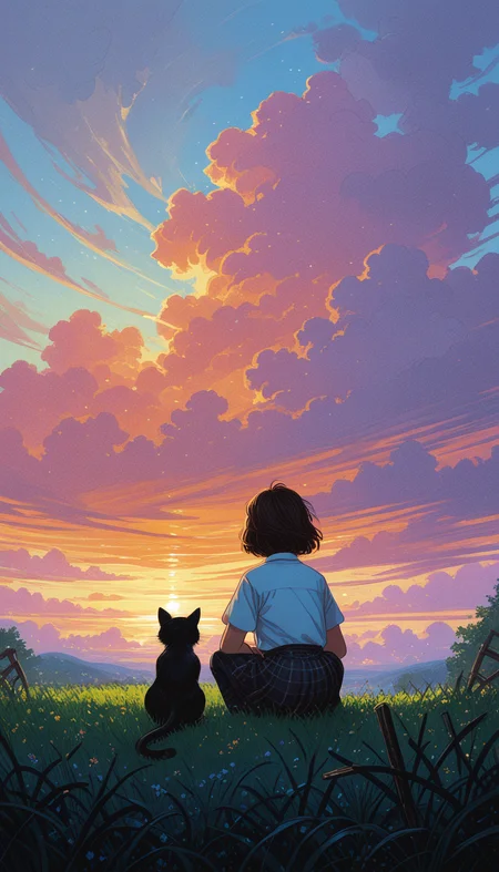 Shinkaistyle, masterpiece,
decarloxl, retro colors, 60s, retro, comic, fantasy,
jedopil, oil painting,
perfect eyes, vivid colors, vibrant colors, (lineless:1.5), light from front, 1girl, solo, short hair, skirt, brown hair, shirt, black hair, 1boy, holding, sitting, school uniform, white shirt, short sleeves, male focus, outdoors, sky, day, pants, cloud, from behind, blurry, tree, blue sky, plaid, depth of field, animal, plaid skirt, black pants, sunlight, squatting, cat, cloudy sky, grass, blue shirt, plant, scenery, 1other, sunset, dog, blurry foreground, fence, horizon, facing away, field, black cat, wide shot, twilight, evening, gradient sky, orange sky, dusk, cumulonimbus cloud