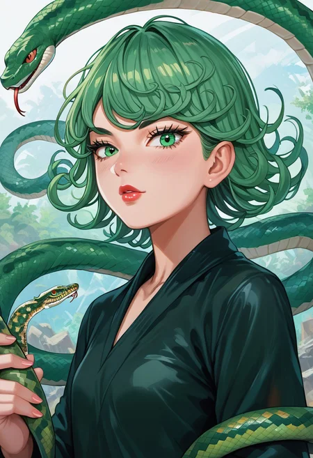 score_9,score_8_up,score_7_up,score_6_up,score_5_up,source_anime,1girl, 1girl, tatsumaki, green eyes, saitama outfit, shortstack, looking at viewer, bald girl, 19yo, lipstick , flirty, snake, snake on shoulders, upper body view,