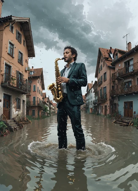 expression, man plays the saxophone while standing in the water, flood, houses in the water, mirror, bottom view, 8k, F2.8, RAW Photo, ultra detailed,
<lora:detailed_notrigger:0.8>  <lora:Futuristic_Retro_Vibes:0.6>